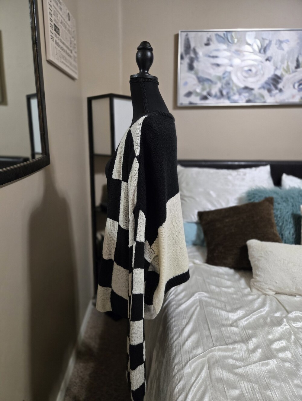 Black and Cream Checkered Open-Front Women's Sweater Cardigan EUC by Double Zero - Picture 2 of 12